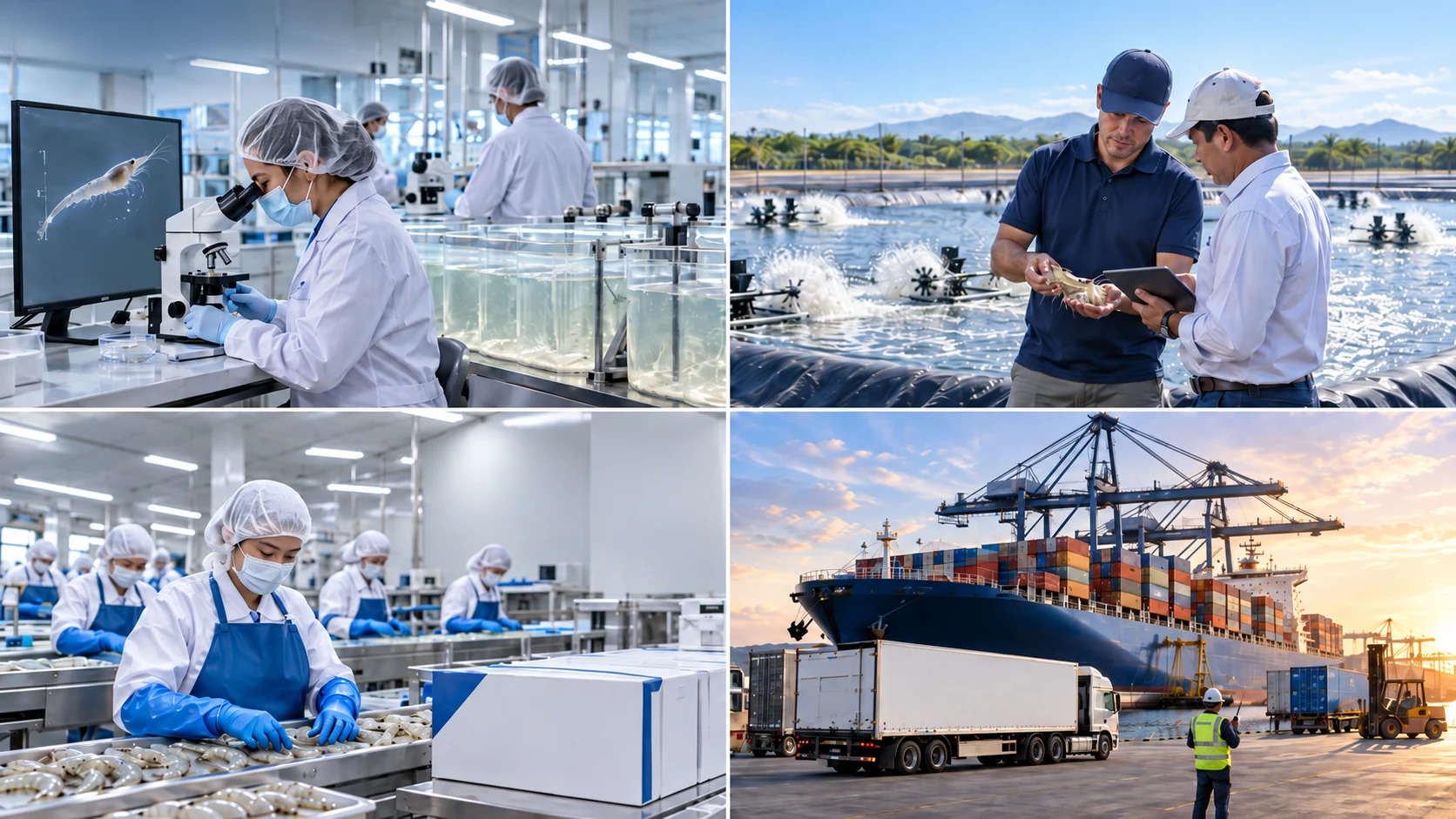 Cadena acuícola integrada desde laboratorio de larvas y finca camaronera hasta empacadora y logística.