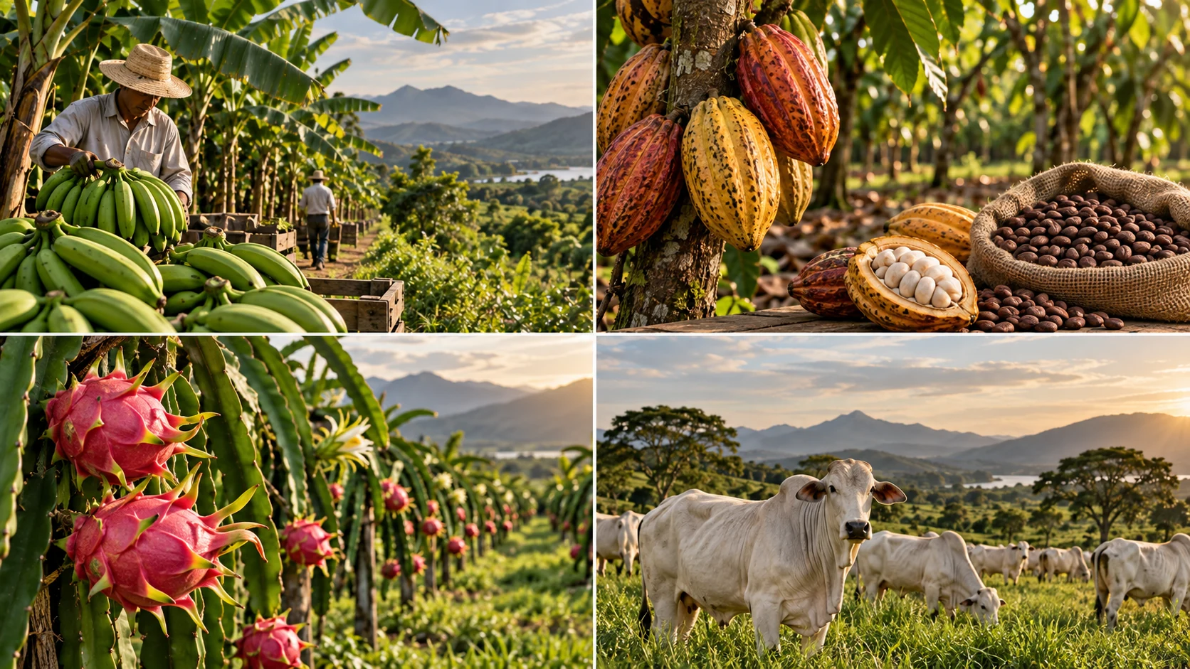 Producción agroindustrial de plátano, cacao, pitahaya y ganadería.