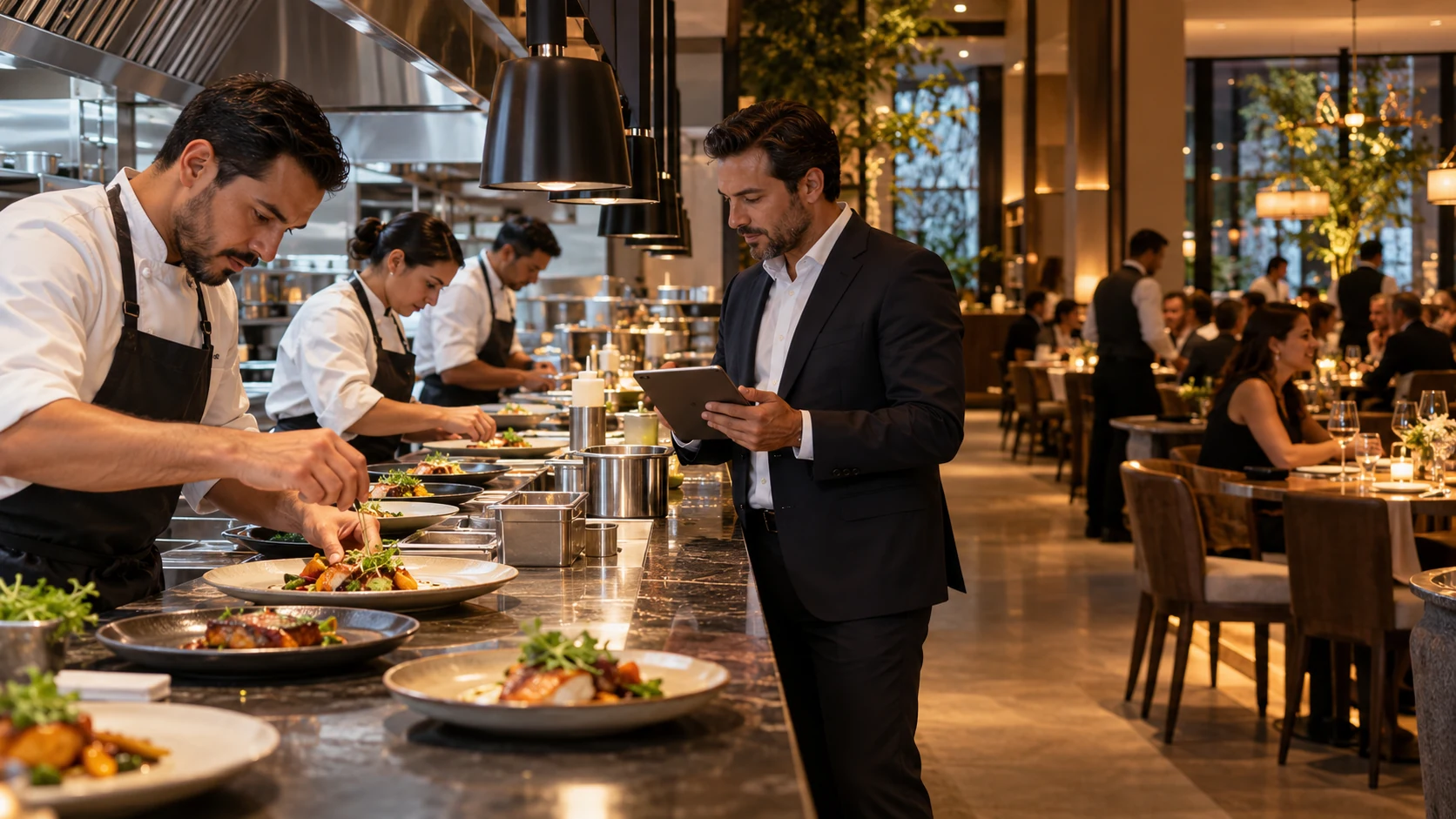 Operación de restaurante con cocina abierta, equipo gastronómico en acción y supervisión operativa.