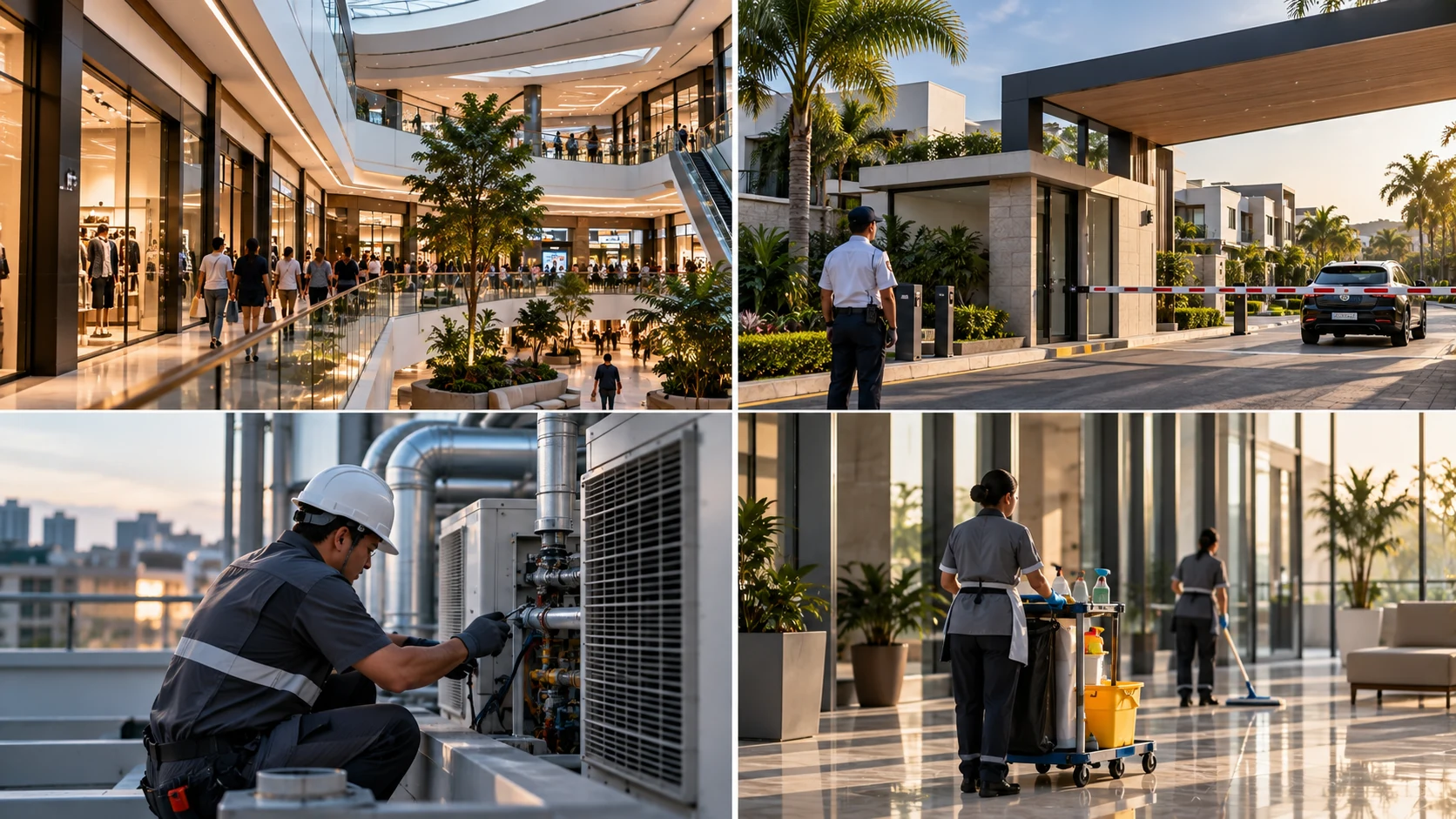 Operación de property management y servicios operativos en plazas, urbanizaciones, seguridad y mantenimiento.